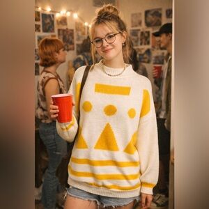 Diane Von Furstenberg Retro Y2K Yellow and White Cowl-neck Geometric Sweater